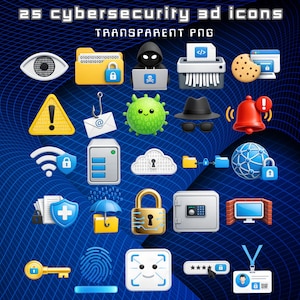 May include: A collection of 25 cybersecurity 3D icons on a blue background. Icons include a padlock, eye, hacker, cookie, warning sign, email, virus, hat, bell, Wi-Fi, server, cloud, globe, shield, umbrella, safe, firewall, key, fingerprint, and ID badge.
