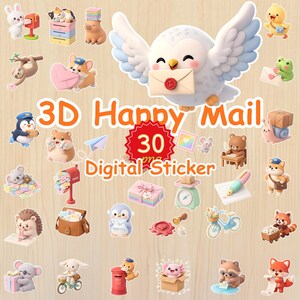 May include: A set of 3D digital stickers with a postal theme. The stickers depict animals like an owl, penguin, and fox, engaged with mail and postal objects. The text "3D Happy Mail" and "30 Digital Sticker" are also visible.