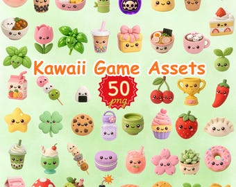 50 Kawaii 3D Clay Clipart Bundle Game Assets PNG Twitch Emotes Stream Alerts Discord Icons Japanese Food Pastel Graphic