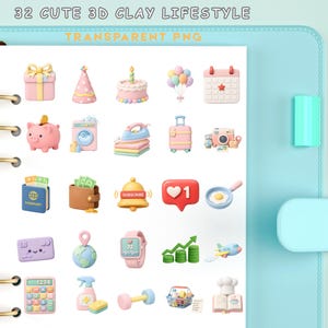 May include: A collection of 3D clay lifestyle icons, including a gift, birthday cake, balloons, calendar, piggy bank, washing machine, iron, suitcase, camera, passport, wallet, bell, heart, and more. The text "32 CUTE 3D CLAY LIFESTYLE" and "TRANSPARENT PNG" are at the top.