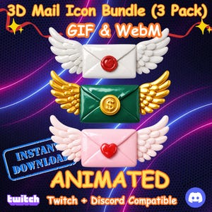 Op de afbeelding: Een 3D-mailpictogrambundel met drie geanimeerde enveloppen met vleugels. De enveloppen zijn wit met een rode zegel, groen met een gouden dollarteken en roze met een rood hart. Tekst bevat "3D Mail Icon Bundle (3 Pack)" en "Animated".