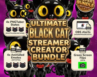 Pacchetto definitivo di emote animate per streamer con gatto nero lucido pngtuber, avviso di streaming per Twitch vtuber