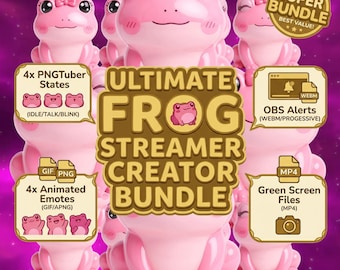 Pacchetto definitivo di emote animate kawaii a forma di rana rosa per streamer su PNGtuber, avviso di streaming per Twitch e vtuber.