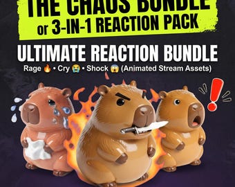 Pacchetto di emote animate caotiche di capibara, GIF, avvisi di streaming per Twitch, Discord, risorse per vtuber - Rabbia, Pianto, Shock
