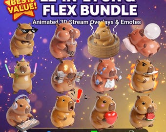 Pacchetto mega di 12 emote definitive di capibara, overlay di streaming animato 3D, pacchetto di avvisi Twitch, vtuber