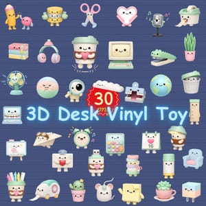 Op de afbeelding: Een verzameling 3D bureau vinyl speelgoed in verschillende vormen, waaronder een potlood, koffiekopje, computer, nietmachine en wereldbol. Het speelgoed is in pastelkleuren en heeft schattige, cartoonachtige gezichten. De tekst "3D Desk Vinyl Toy" wordt in het blauw weergegeven.