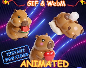 Pacchetto di emote animate e accoglienti per capibara, GIF, pacchetto di avvisi per lo streaming su Twitch, Discord, vtuber, asset, Dormi, Mangia, Ama