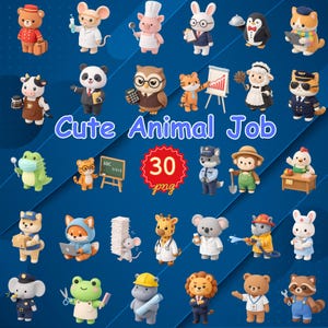May include: An image showcasing 30 adorable animal figurines in different jobs. The image includes a bear as a bellhop, a mouse as a scientist, a pig as a chef, and a rabbit as a businessman. The text "Cute Animal Job" is displayed in blue.