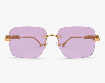 Lunettes de soleil violettes sans monture - monture dorée, lunettes tendance pour femmes, nuances de protection UV