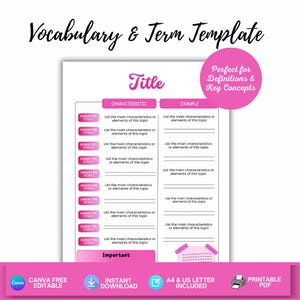 May include: A pink and white vocabulary and term template with the title "Title". The template includes sections for characteristics and examples, with the text "Canva Free Editable", "Instant Download", "A4 & US Letter Included", and "Printable PDF".