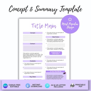 Op de afbeelding: Een wit Concept & Summary Template-document met paarse koppen en tekst. Secties bevatten Title Main, Concept, Context, Examples, Key Ideas, Main Points, Connections to other topics en In Your Own Words. Een paarse cirkelvormige badge bevat de tekst Most Popular Design.