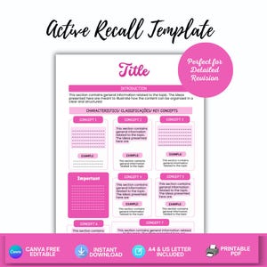 May include: A pink and white Active Recall Template with the title "Title" at the top. The template includes sections for concepts, examples, and an introduction. The template is designed for detailed revision and is Canva free and editable.