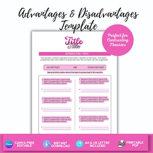 Peut inclure: Un modèle intitulé "Avantages et Inconvénients" avec un design rose et blanc. Le modèle comprend des sections pour les avantages et les inconvénients, avec de l'espace pour des informations générales. Le design comprend le texte "Titre" et "Introduction/Sujet".