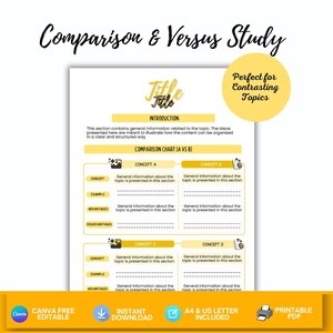 May include: A digital template document titled Comparison & Versus Study featuring yellow accents. It includes an introduction section and two comparison charts labeled Concept A, B, C, and D with fields for concepts, examples, advantages, and disadvantages.