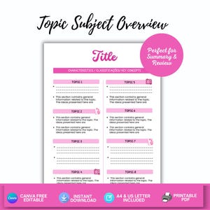 May include: A pink and white topic subject overview template with the title "Title" and sections for topics 1-8. The template includes the text "Canva Free Editable", "Instant Download", "A4 & US Letter Included", and "Printable PDF".