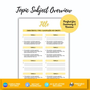 May include: A printable study template featuring the text Topic Subject Overview at the top. The document includes a Title section, followed by two columns with headers for Characteristics, Types, Classificações, and Key Concepts, plus four topics.