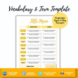 Peut inclure: Un modèle de vocabulaire et de termes imprimable présentant un schéma de couleurs jaune et blanc. La page comprend une section de titre principale, un tableau avec des colonnes pour les caractéristiques et les exemples, et une note importante.