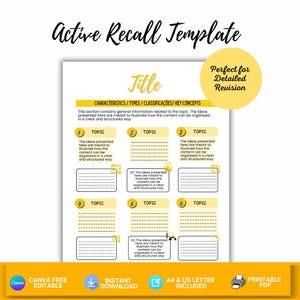 Active Recall Study Template, Digital Notes for Exam Prep, Canva Editable Study Sheet, Yellow Aesthetic Detailed Revision Summary Tool