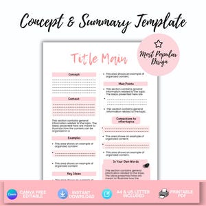 Peut inclure: Un modèle de concept et de résumé avec des en-têtes roses et des sections pour Concept, Context, Examples, Key Ideas, Main Points, Connections to other topics et In Your Own Words. Un badge circulaire rose indique Most Popular Design.