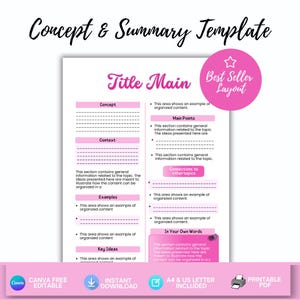 Active Recall Study Template, Pink Aesthetic Concept Map, Canva Editable Student Notes, Summary Sheet, University Study Aid