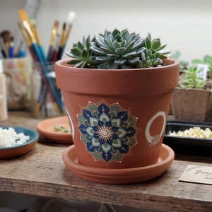 May include: A terracotta-colored flower pot with a succulent plant. The pot is decorated with a blue, green, and white mandala design. The pot sits on a matching saucer. Other small plants and art supplies are in the background.