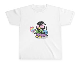 Penguin Eating Rainbow Popsicle Youth Tee | Cute Cartoon Ice Pop Shirt