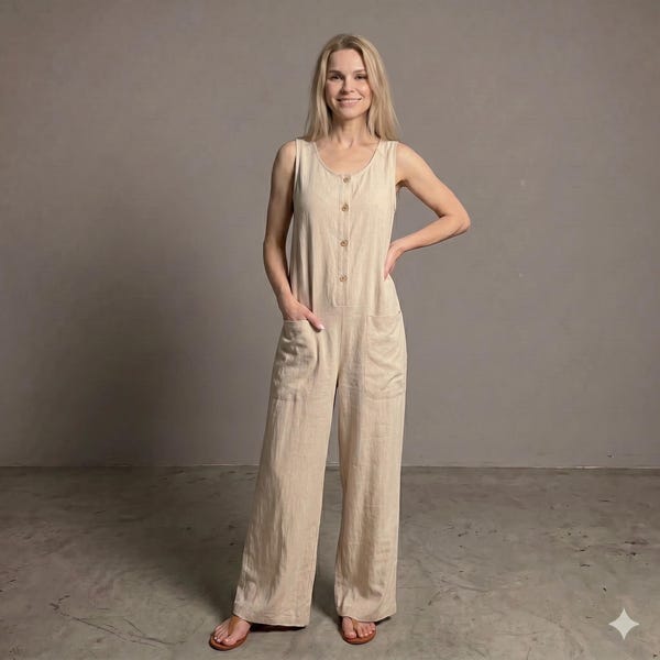 Overall aus 100% Baumwolle, Damen-Strampler mit weitem Bein, Lose Fit-Overall, Lässiger Sommer-Jumpsuit, Playsuit im Leinen-Look, Boho-Kleidung