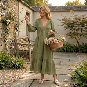 sage green milkmaid dress Sage Green Prairie Cottagecore Dress, Vintage Linen Midi Dress, Regency Farm Dress, Victorian Peasant Dress, Milkmaid Cottagecore Outfit