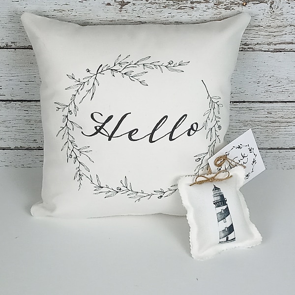 White Modern Farmhouse Wreath Hello Pillow Plus Free Gift  - Free Gift Door Knob Pillow With Purchase  - 12 x 12 Pillow Cover With Insert