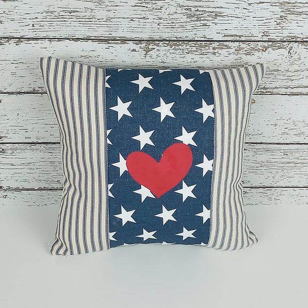 Red White And Blue Country Pillow With Red Heart - Blue Ticking and Navy With White Stars Pillow - Primitive - 12 x 12 Pillow With Insert