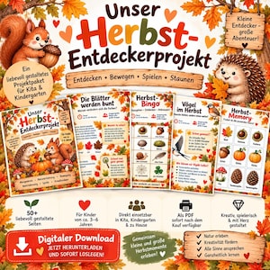 Può includere: Un kit di progetto educativo digitale intitolato Unser Herbst-Entdeckerprojekt che include schede di attività a tema autunnale, bingo, giochi di memoria e fatti sulla natura, con illustrazioni di uno scoiattolo e un riccio.