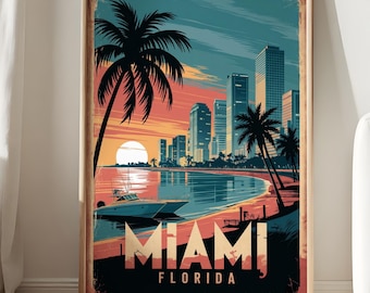 Retro Miami Poster - Art Deco Reisedruck mit Oldtimer und Palmen