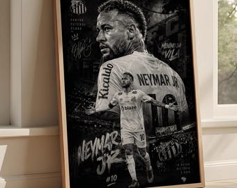 Cartel de Neymar Jr Santos FC – Arte de pared de fútbol blanco negro, impresión de fútbol Menino da Vila