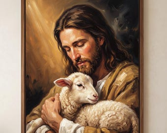 Jesus Holding Lamb Printable Wall Art, Christian Oil Painting Digital Download, Good Shepherd Faith Home Decor