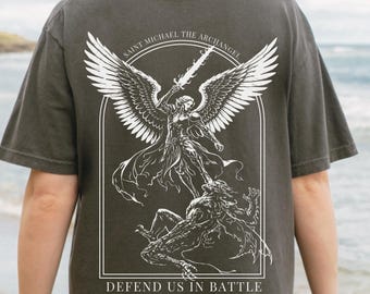 Personalized Saint Michael the Archangel Shirt, Custom Name Comfort Colors Tee, Defend Us in Battle Catholic Christian Gift for Men Women