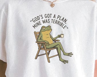 Funny Christian Shirt, God's Got a Plan Mine Was Terrible, Frog Drinking Coffee Faith Tee, Comfort Colors Christian Humor Gift