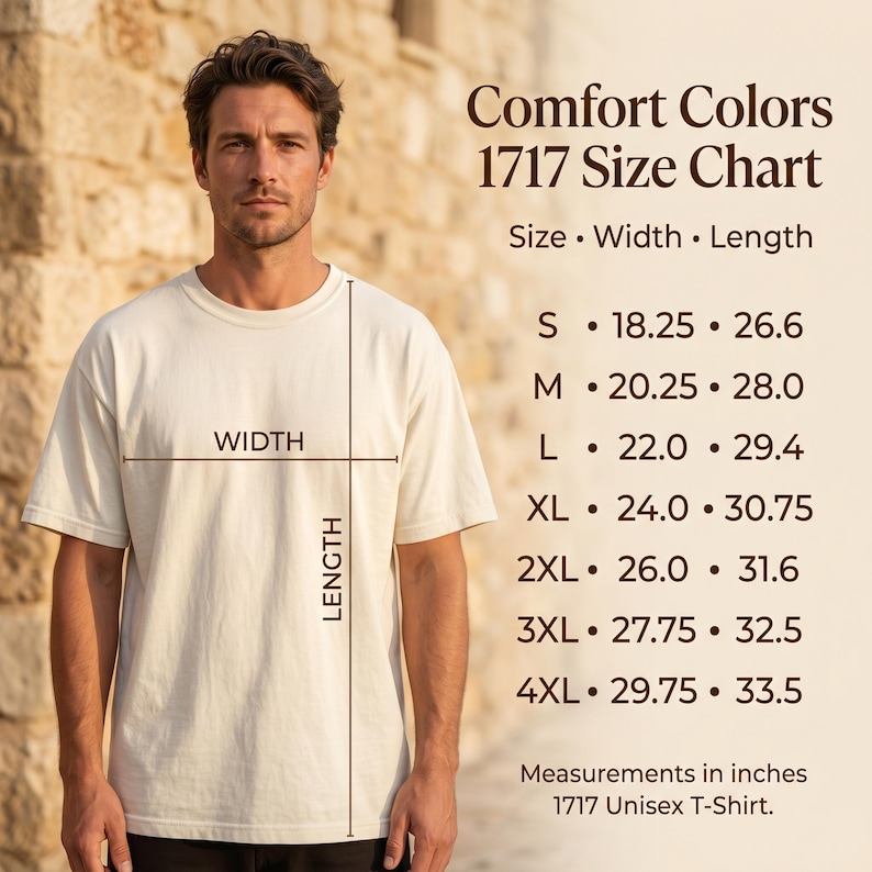May include: A Comfort Colors 1717 size chart for a t-shirt, displaying width and length measurements in inches for sizes S through 4XL. The chart includes a visual guide on a plain off-white t-shirt, listing specific dimensions for each size.