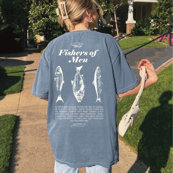 Fishers of Men Shirt Matthew 4:19 Christian Comfort Colors Tee, Vintage Faith Coastal Fishing Oversized Back Print Unisex