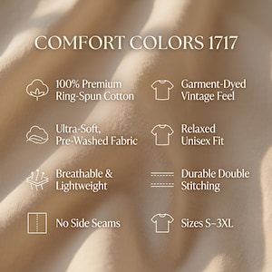 May include: A beige fabric background featuring the text COMFORT COLORS 1717 and icons with labels: 100% Premium Ring-Spun Cotton, Garment-Dyed Vintage Feel, Ultra-Soft Pre-Washed Fabric, Relaxed Unisex Fit, Breathable & Lightweight, Durable Double Stitching, No Side Seams, and Sizes S-3XL.