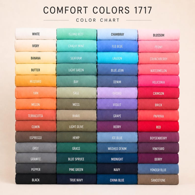 May include: A Comfort Colors 1717 color chart displaying a grid of fabric swatches in various shades. The text at the top reads COMFORT COLORS 1717 COLOR CHART. The swatches are arranged in four columns, showcasing a wide range of colors including white, yellow, orange, red, pink, purple, blue, green, brown, grey, and black.