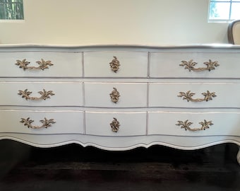 French Provincial Dresser / 9 Drawer White & Gold / French Country Style