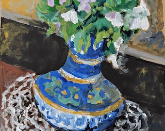 Blue Vase with White Flowers, Original Gouache Painting, Floral Still Life, Small Artwork