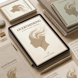 Peut inclure: Une collection de journaux guidés intitulés Overthinking: 30 Days to Quiet Your Mind, avec une illustration de profil d'une tête aux cheveux fluides. L'ensemble comprend une tablette, des carnets à spirales, un stylo et des fiches d'instructions.