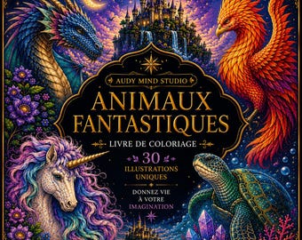 Libro da colorare digitale di animali fantastici in PDF – 30 illustrazioni antistress di creature magiche per adulti – Download immediato