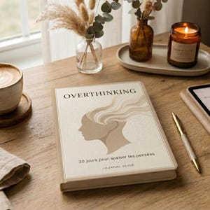 Peut inclure: Un journal beige intitulé OVERTHINKING avec une illustration graphique d'une silhouette de profil et de cheveux fluides. La couverture inclut le texte 30 jours pour apaiser tes pensées et JOURNAL GUIDE. Le journal est posé sur une surface en bois.