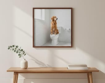 Golden Retriever on Toilet Funny Print | Funny Pet Bathroom Wall Art | Printable Digital Download