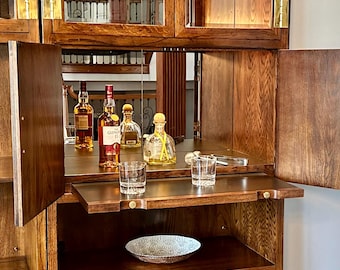 Henredon Campaign Style Bar| Vintage Oak Display Cabinet with Hidden Bar | Brass Hardware Storage