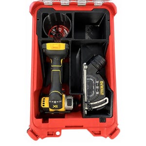 May include: A black plastic tool organiser insert designed for a red storage case. The insert features moulded compartments holding a yellow and black DeWalt XR power tool and a DeWalt dust shroud attachment. Text at the bottom reads NO TOOLS OR PACKOUT BOX INCLUDED.