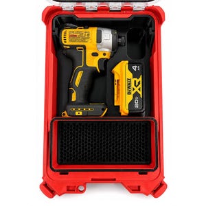 May include: A yellow and black DeWalt impact driver with a 20V XR 4Ah battery inside a red storage case with a black honeycomb insert. The text NO TOOLS OR PACKOUT BOX INCLUDED is printed at the bottom of the image in a black rectangular box.