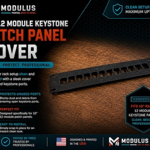 May include: A black 10-inch 12-module keystone patch panel cover with twelve rectangular cutouts. The product features mounting holes on each end and is designed for 10-inch racks. The text Modulus, 10" 12 Module Keystone Patch Panel Cover is visible.